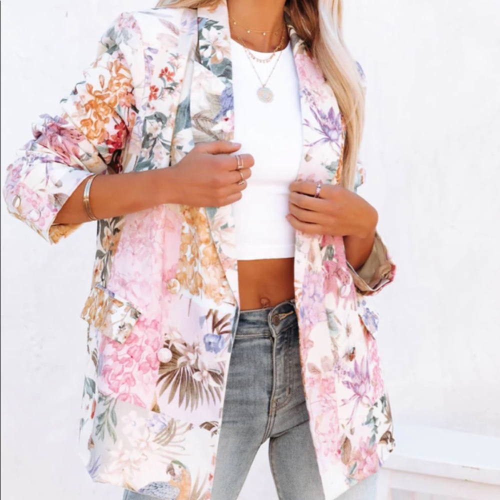 Vici Sundew cotton linen pocketed blazer in ivory multicolor floral